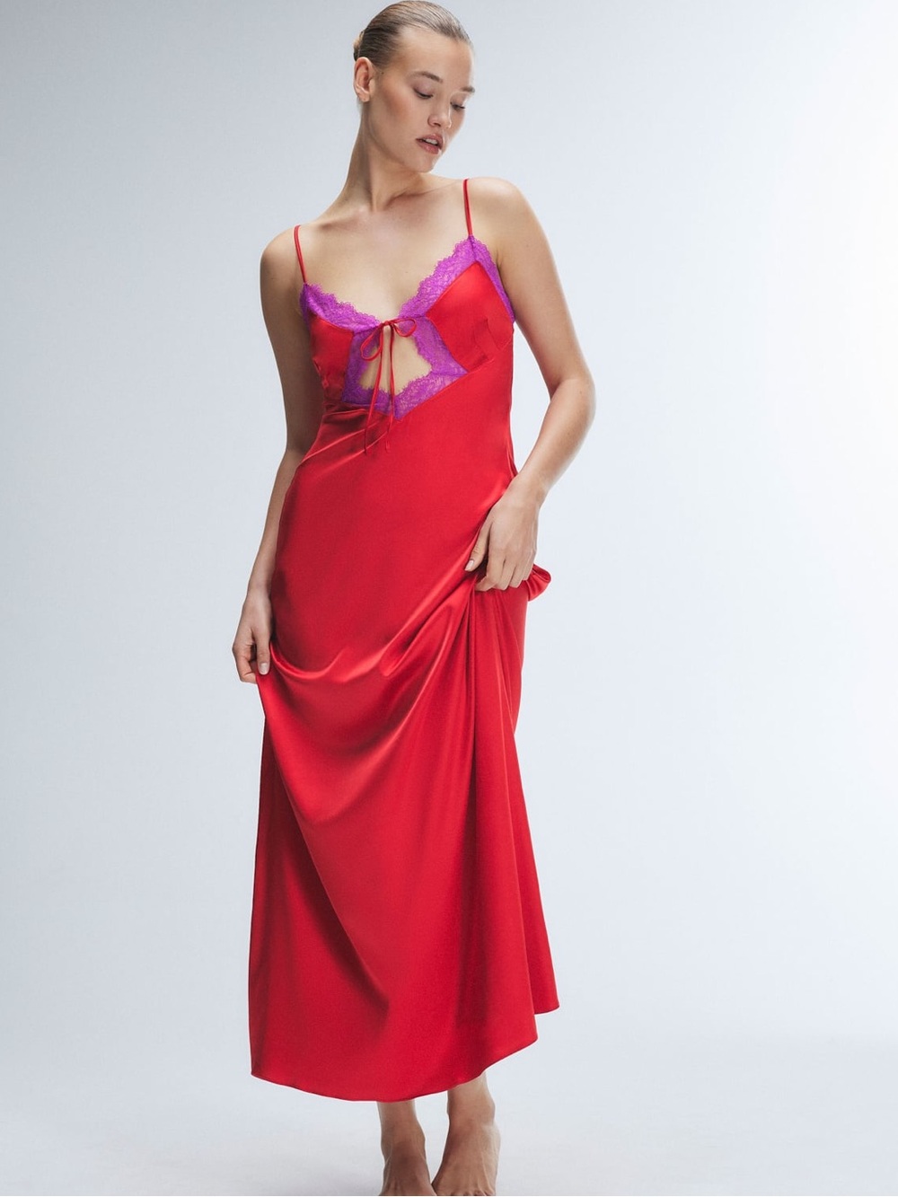 Savage X Fenty Nite Shade Lace trim Sleep Maxi Slip, Red with Purple Lace